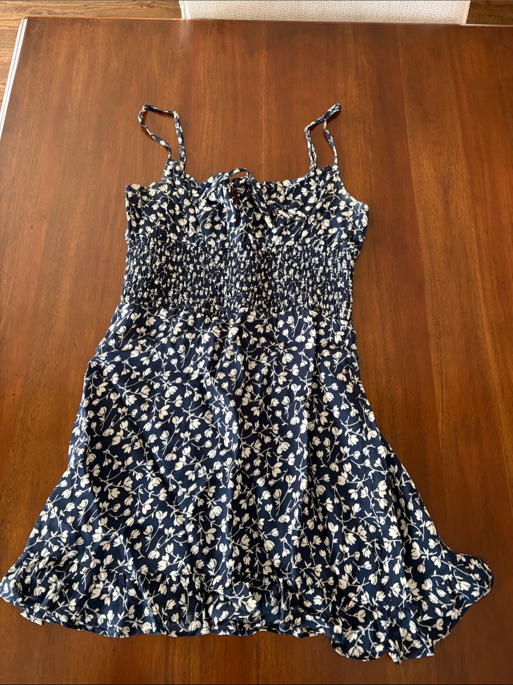 Reformation Navy and White Floral Smocked Mini Dress